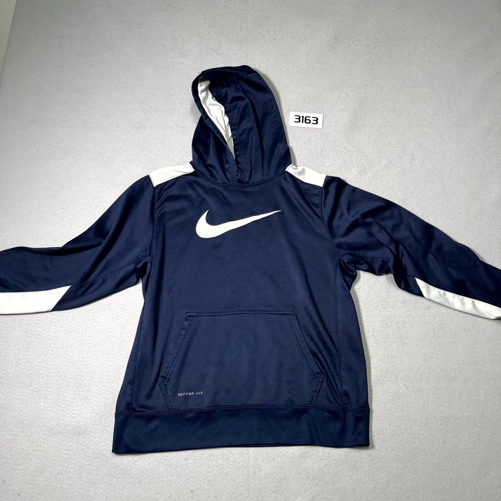 Nike Therma Fit Hoodie Mens XL Blue White Swoosh Logo Fleece Lined Performance